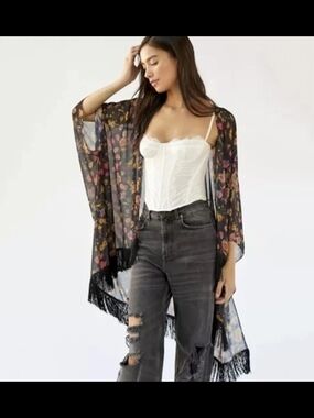 Urban Outfitters Fringe Floral Print Robe Kimono